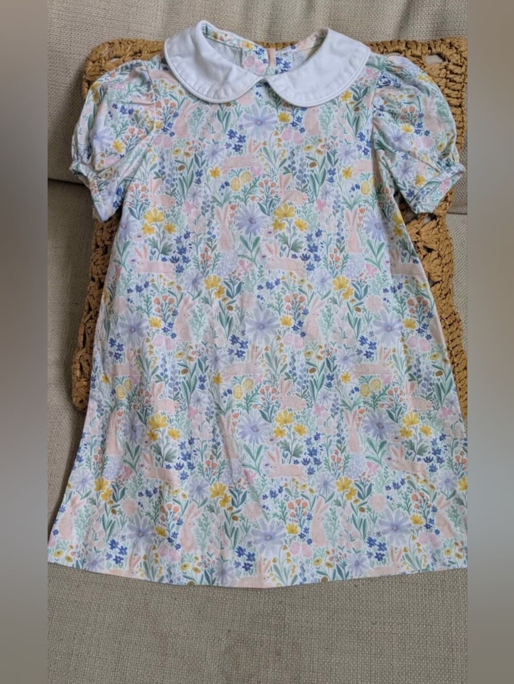 Girls' Size 4t Floral Bunny Print Dress with Peter Pan Collar - Pastel Multi